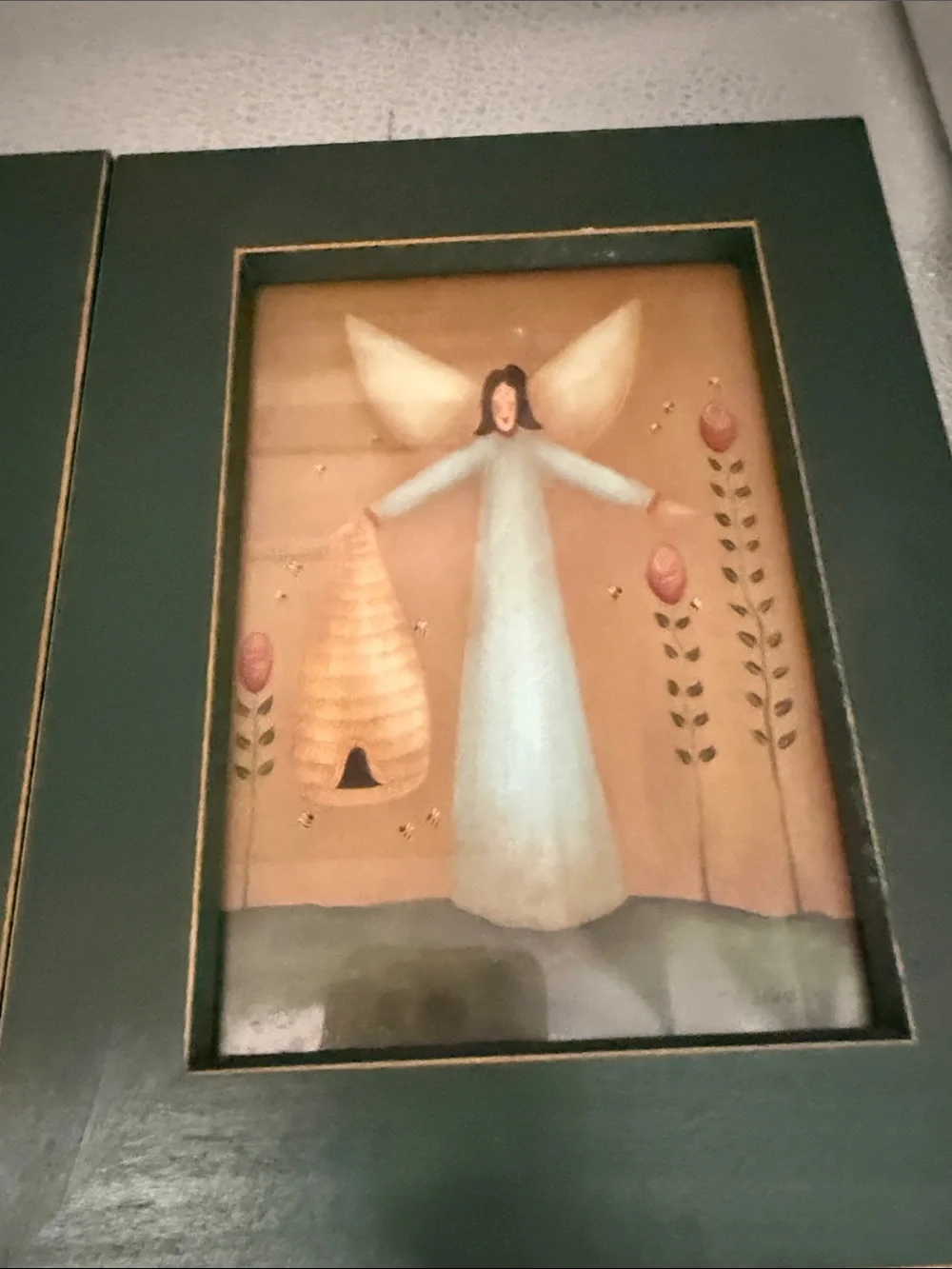 Vintage Set of 3 Angel Wall Art Prints in Green Frames